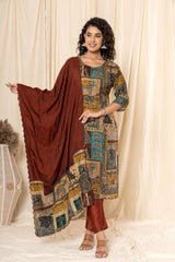 Figure Folk Print Cotton Silk Suit Set