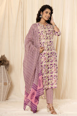 Chiffony Cream Block Print Cotton Suit Set