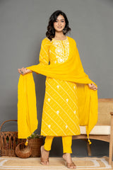 Monsoon Yellow Bhandej Cotton Suit Set