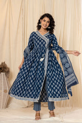 Navy Blue Bagru Angrakh Cotton Suit Set