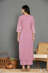 Solid Mauve Linen Emboidered Suit Set