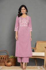 Solid Mauve Linen Emboidered Suit Set