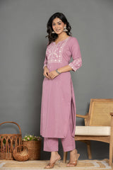 Solid Mauve Linen Emboidered Suit Set