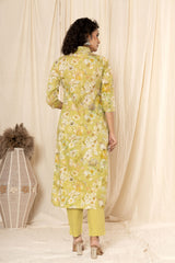 Pear Green Floral Cotton V Neck Suit Set