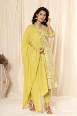 Pear Green Floral Cotton V Neck Suit Set