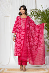 Rani Pink Lotus Print Cotton Suit Set