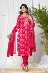 Rani Pink Lotus Print Cotton Suit Set