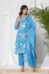 Stone Blue Floral Cotton Suit Set