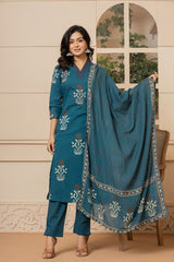 Teal Mughal Butta Suit Set