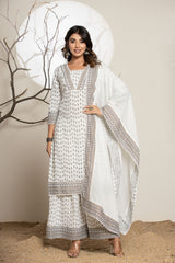 White Black Bagru Plazzo Suit Set